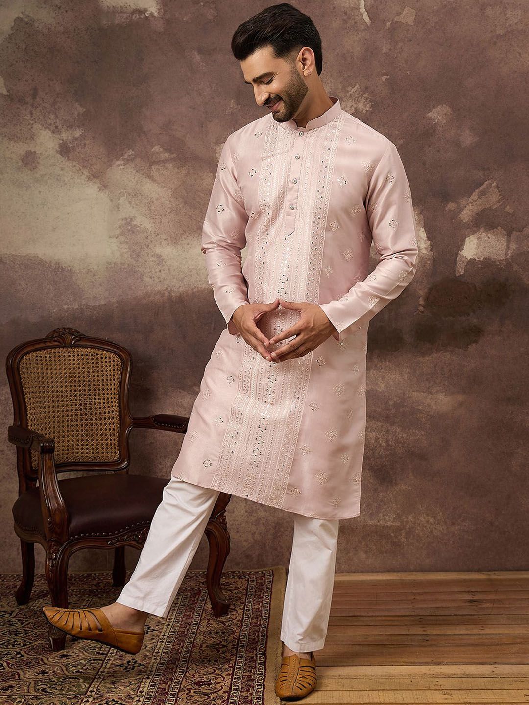 Men Pink Silk Blend Solid Embroidered Straight Kurta With Pant Set-MKSET1362