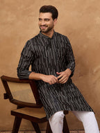 Men Black Silk Blend Geometric Printed Straight Kurta With Pant Set-MKSET1516