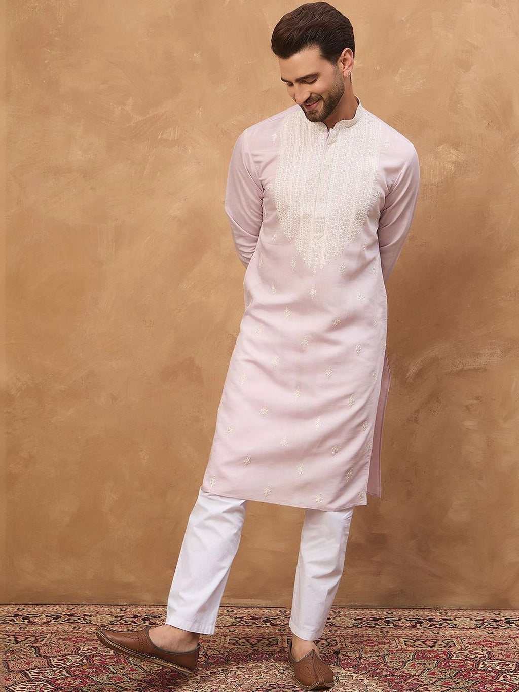 Men Lavender Silk Blend Solid Embroidered Straight Kurta With Pant Set-MKSET1448
