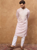Men Lavender Silk Blend Solid Embroidered Straight Kurta With Pant Set-MKSET1448