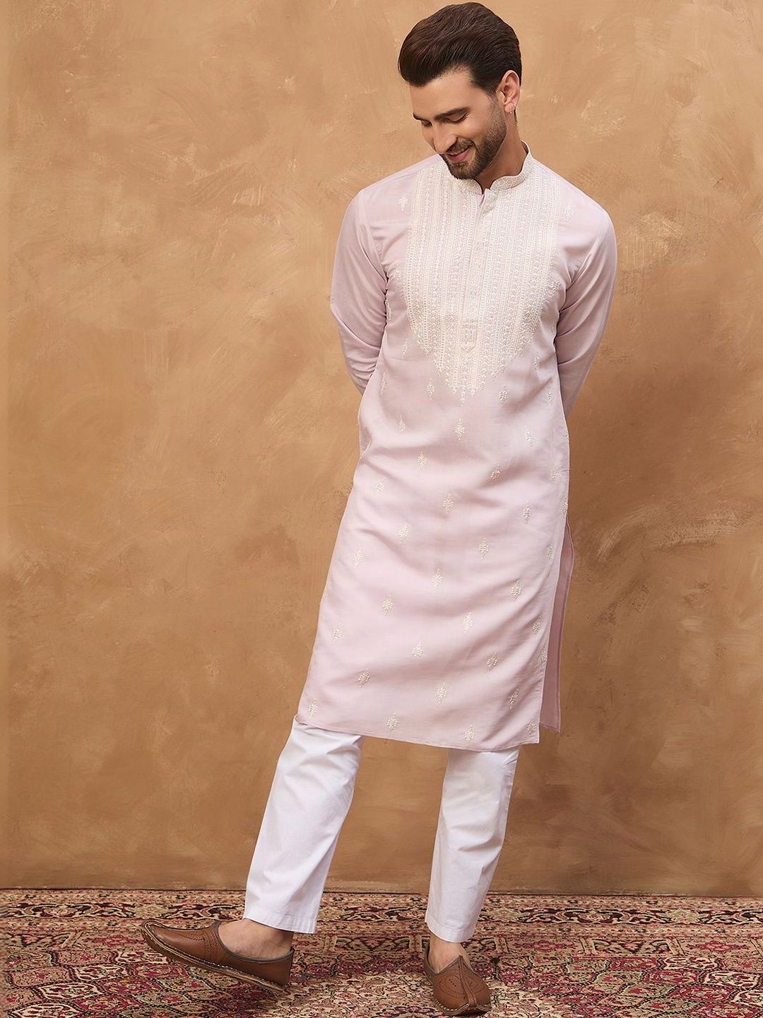 Men Lavender Silk Blend Solid Embroidered Straight Kurta With Pant Set-MKSET1448