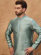 Men Blue Silk Blend Solid Woven Design Straight Kurta With Pant Set-MKSET1457
