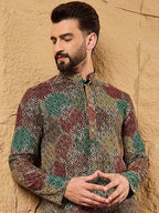 Mens Multi Viscose Rayon Geometric Embroidered Chikankari Straight Kurta With Pant Set-MKSET1180