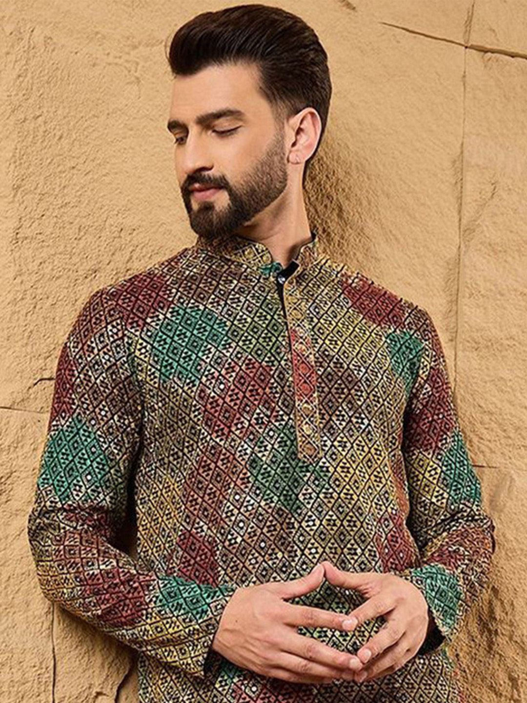 Mens Multi Viscose Rayon Geometric Embroidered Chikankari Straight Kurta With Pant Set-MKSET1180