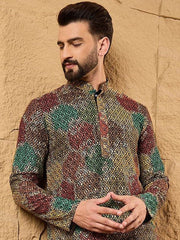 Mens Multi Viscose Rayon Geometric Embroidered Chikankari Straight Kurta With Pant Set-MKSET1180