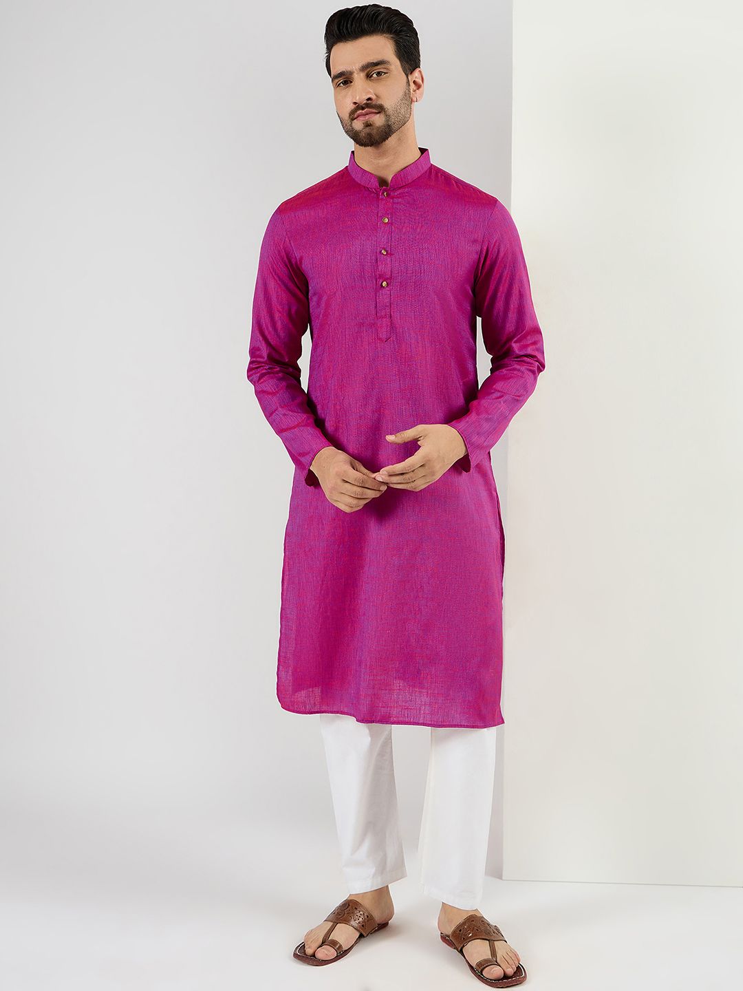 Men Pink Cotton Solid Woven Design Straight Kurta With Pant Set-MKSET1100