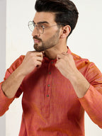 Men Orange Cotton Solid Woven Design Straight Kurta With Pant Set-MKSET1094