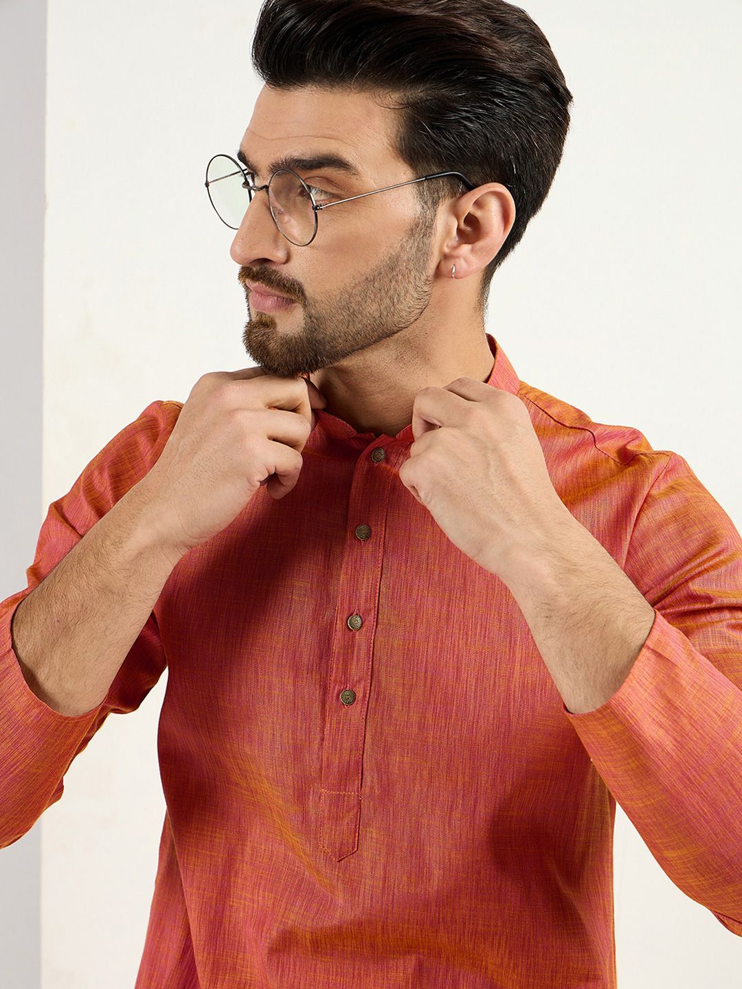 Men Orange Cotton Solid Woven Design Straight Kurta With Pant Set-MKSET1094