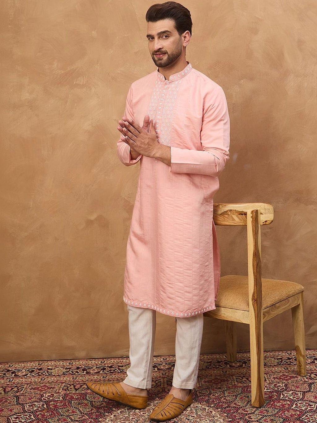 Men Peach Silk Blend Solid Solid Straight Kurta With Pant Set-MKSET1506