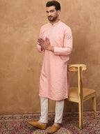Men Peach Silk Blend Solid Solid Straight Kurta With Pant Set-MKSET1506