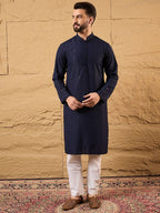 Men Blue Viscose Rayon Solid Embroidered Straight Kurta With Pant Set-MKSET1187