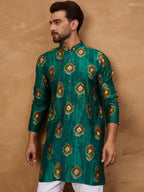 Men Teal Viscose Rayon Ethnic Motifs Printed Straight Kurta With Pant Set-MKSET1541