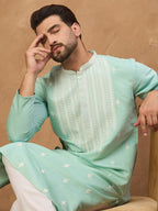 Men Blue Silk Blend Solid Embroidered Straight Kurta With Pant Set-MKSET1511