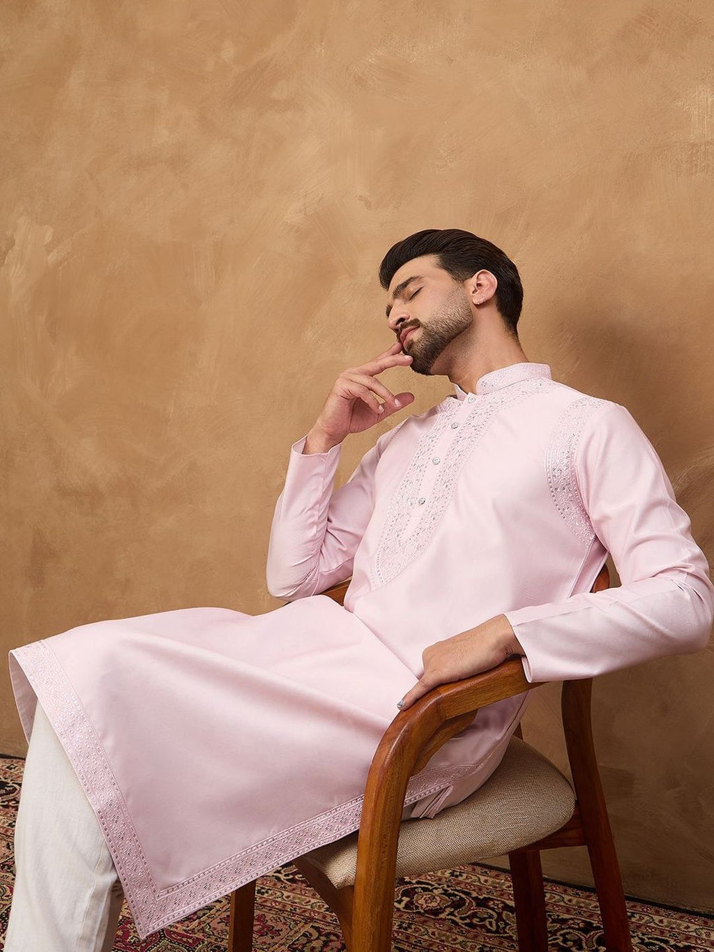 Men Pink Silk Blend Solid Embroidered Straight Kurta With Pant Set-MKSET1512