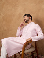 Men Pink Silk Blend Solid Embroidered Straight Kurta With Pant Set-MKSET1512