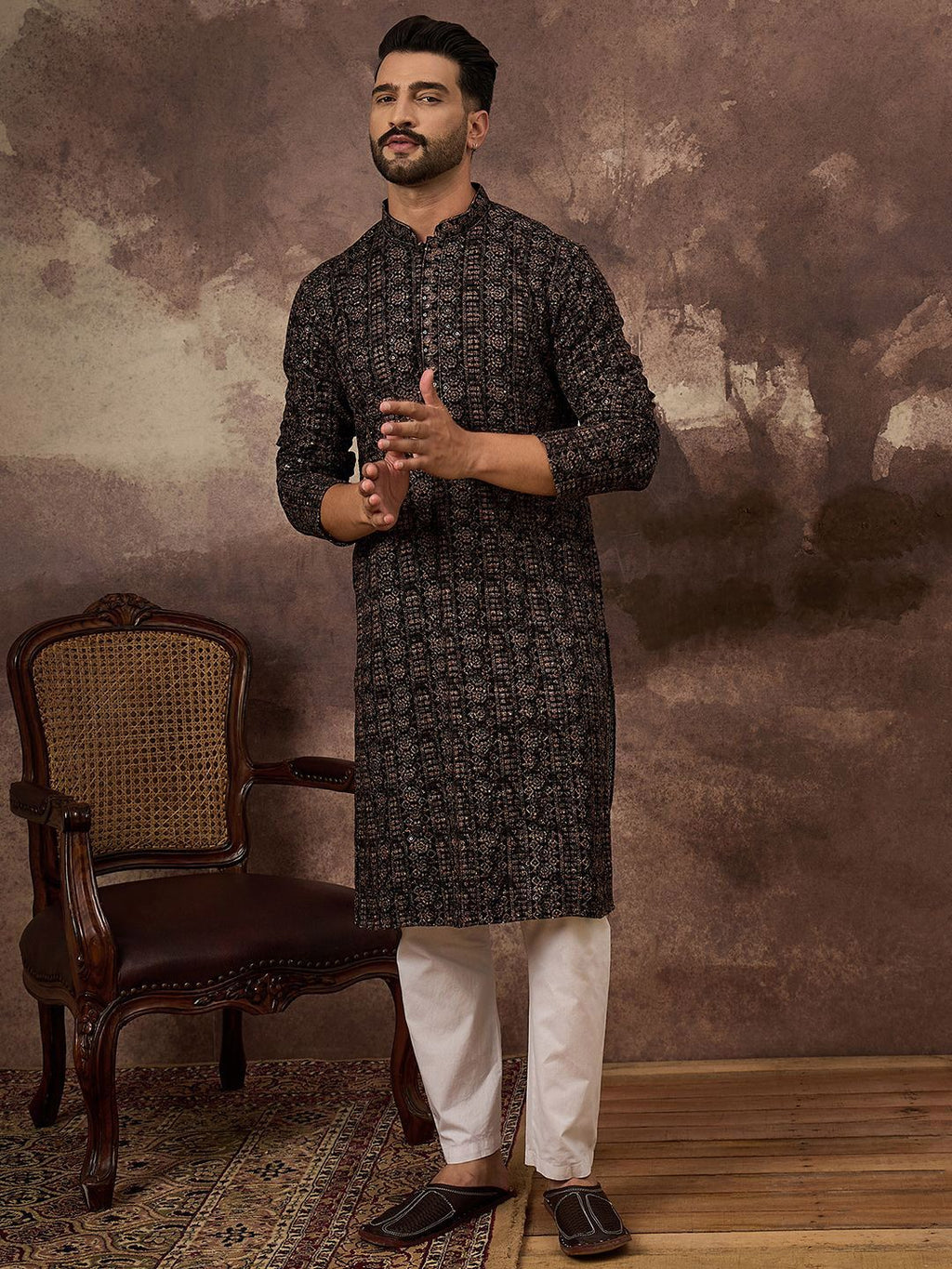 Men Black Viscose Rayon Ethnic Motifs Embroidered Straight Kurta With Pant Set-MKSET1405