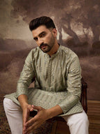 Men Green Silk Blend Solid Embroidered Straight Kurta With Pant Set-MKSET1356