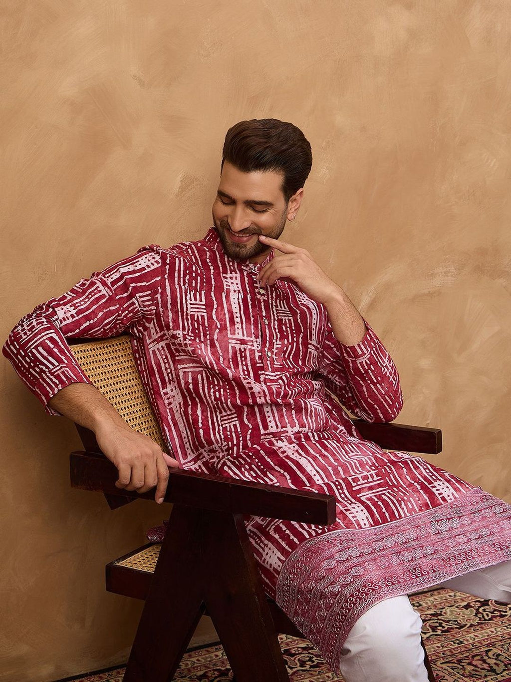 Men Red Viscose Rayon Batik Embroidered Straight Kurta With Pant Set-MKSET1499