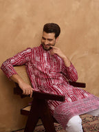 Men Red Viscose Rayon Batik Embroidered Straight Kurta With Pant Set-MKSET1499