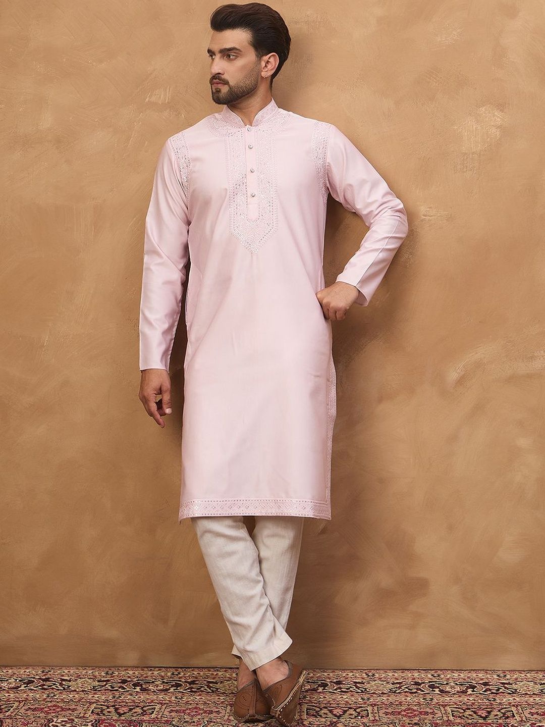 Men Pink Silk Blend Solid Embroidered Straight Kurta With Pant Set-MKSET1512