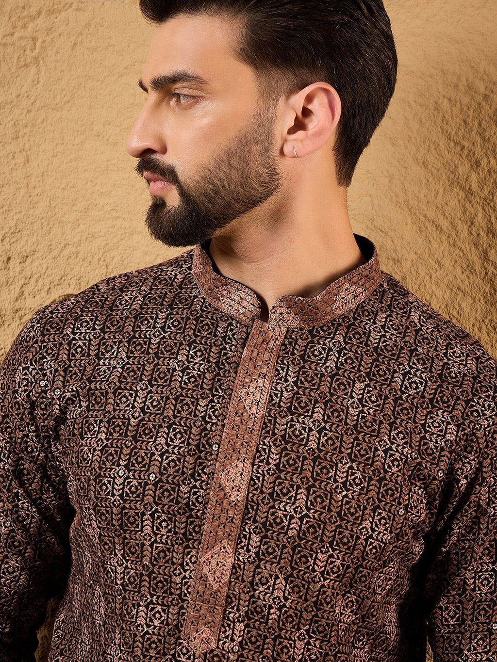 Mens Brown Viscose Rayon Ethnic Motifs Embroidered Chikankari Straight Kurta With Pant Set-MKSET1164