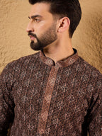 Mens Brown Viscose Rayon Ethnic Motifs Embroidered Chikankari Straight Kurta With Pant Set-MKSET1164