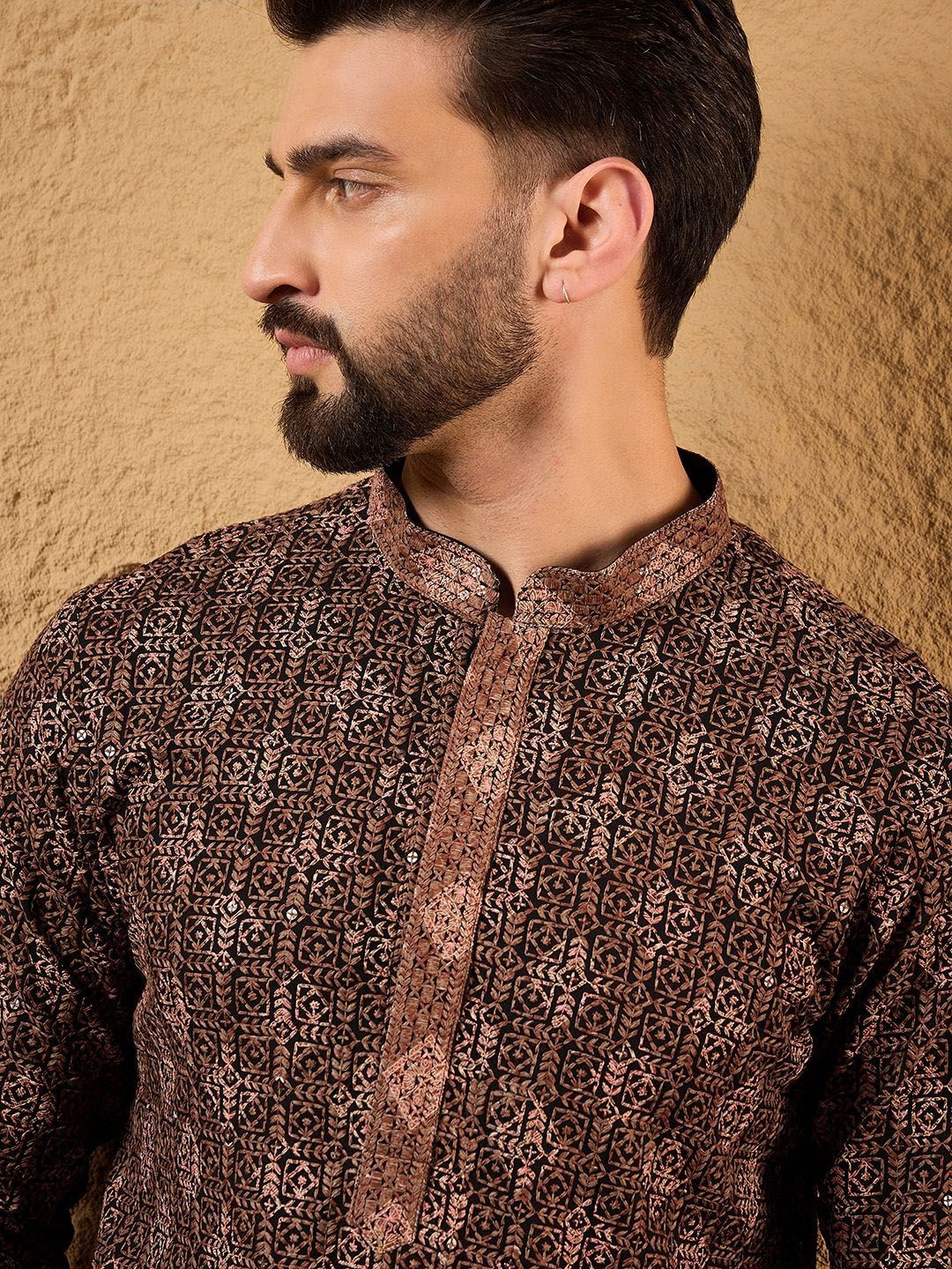 Mens Brown Viscose Rayon Ethnic Motifs Embroidered Chikankari Straight Kurta With Pant Set-MKSET1164