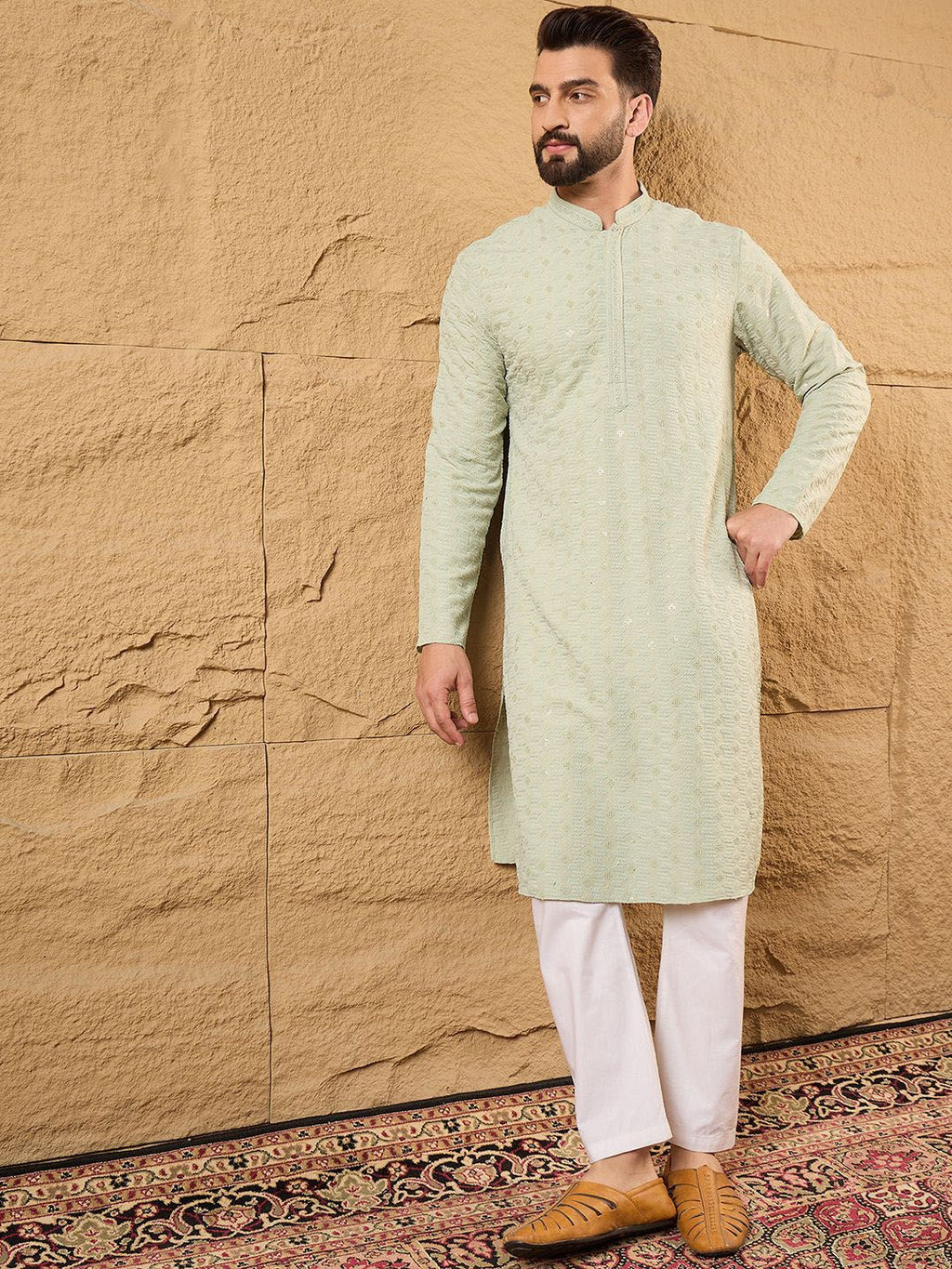 Men Green Rayon Blend Solid Embroidered Straight Kurta With Pant Set-MKSET1231