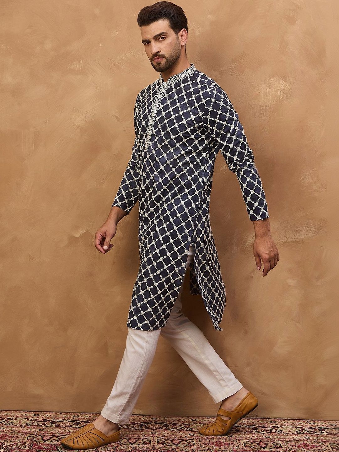 Men Blue Viscose Rayon Shibori Embroidered Straight Kurta With Pant Set-MKSET1534