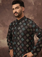 Men Black Silk Blend Solid Embroidered Straight Kurta With Pant Set-MKSET1384