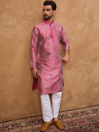 Men Pink Silk Blend Geometric Printed Straight Kurta With Pant Set-MKSET1526