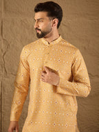 Men Yellow Silk Blend Ethnic Motif Embroidered Straight Kurta With Pant Set-MKSET1304