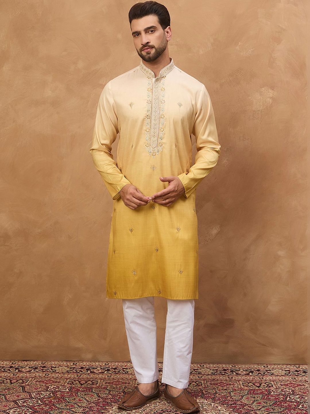 Men Yellow Silk Blend Solid Embroidered Straight Kurta With Pant Set-MKSET1486