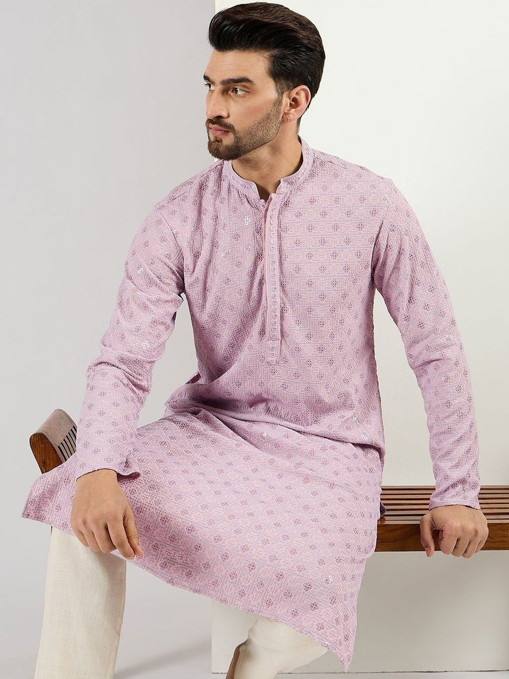Men Purple Viscose Rayon Solid Embroidered Straight Kurta With Pant Set-MKSET1061