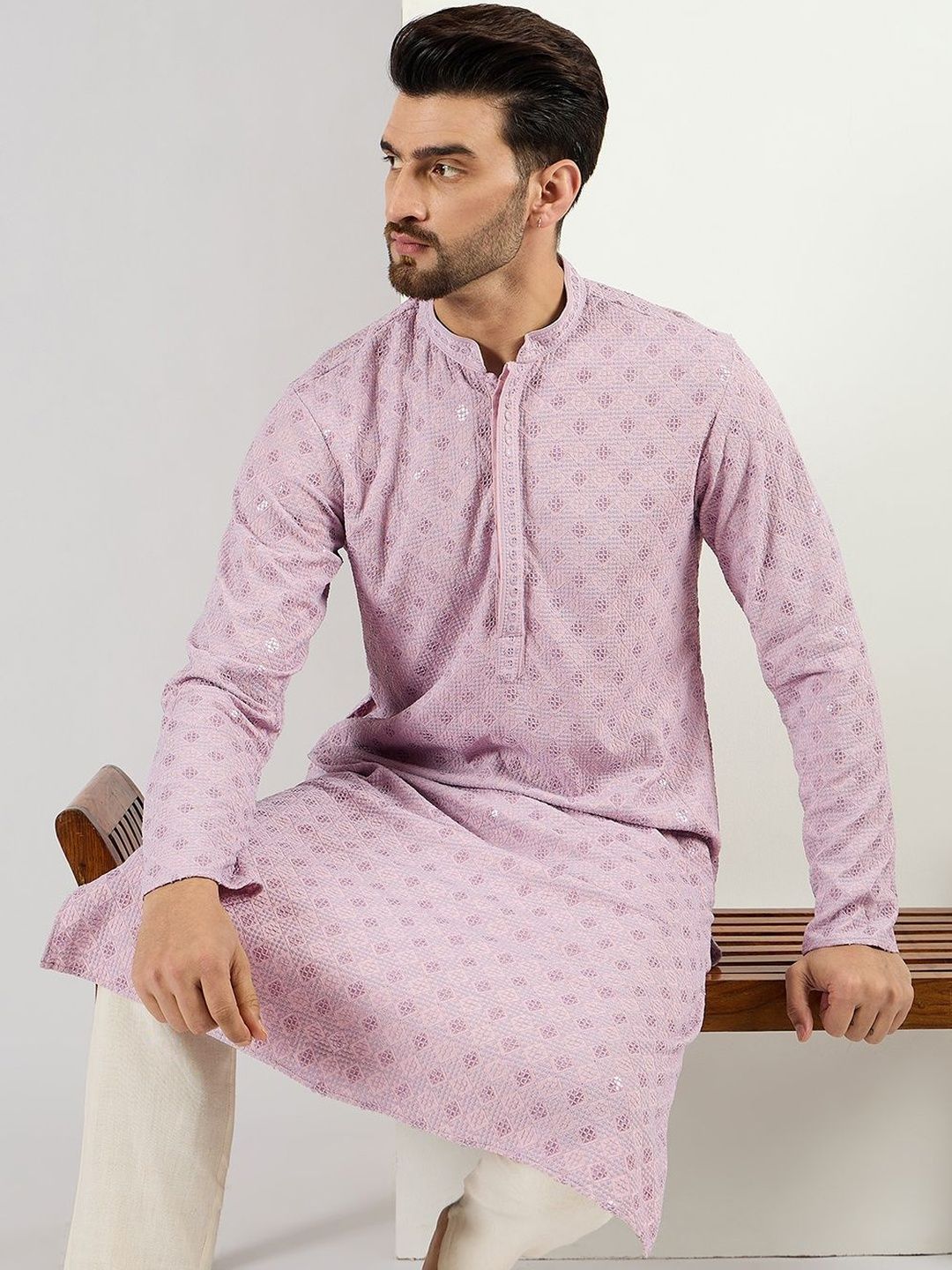 Men Purple Viscose Rayon Solid Embroidered Straight Kurta With Pant Set-MKSET1061