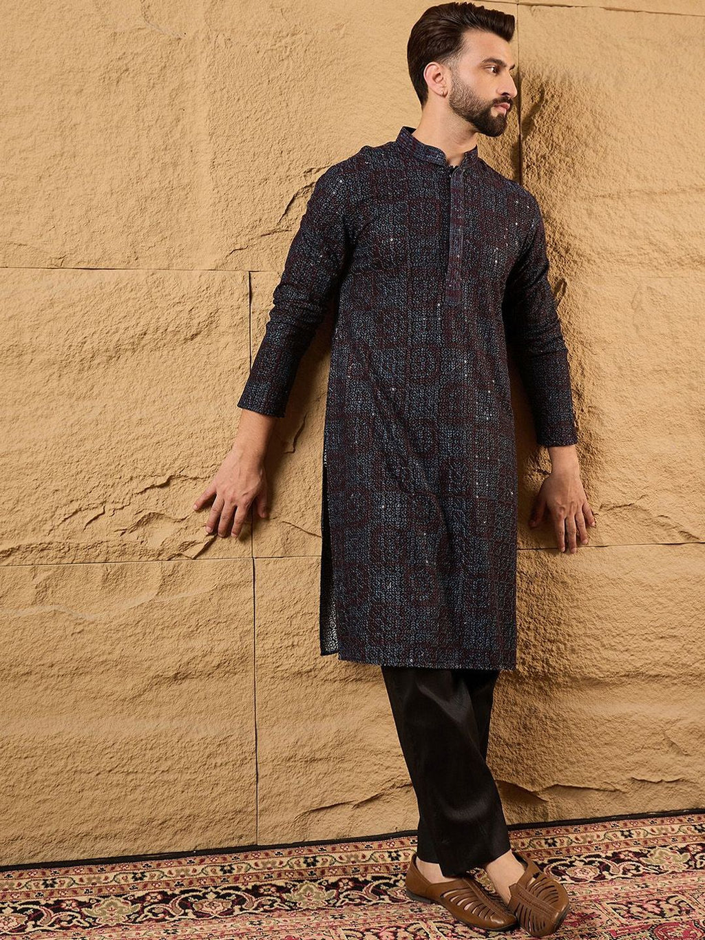 Mens Black Viscose Rayon Geometric Embroidered Chikankari Straight Kurta With Pant Set-MKSET1166