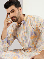 Men Off White Viscose Rayon Abstract Embroidered Straight Kurta With Pant Set-MKSET1063