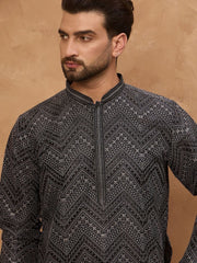 Men Black Silk Blend Geometric Printed Straight Kurta With Pant Set-MKSET1520