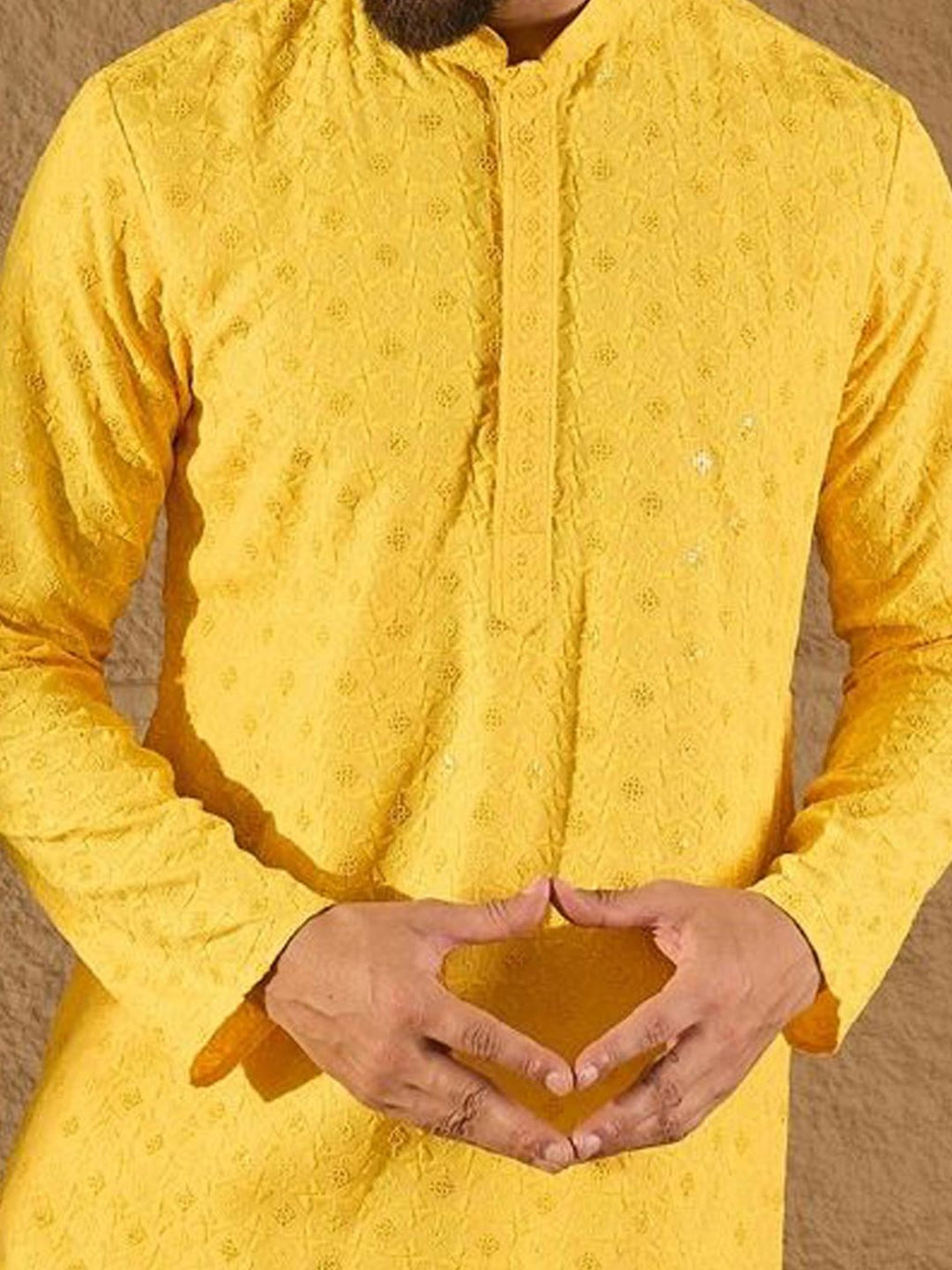 Men Yellow Viscose Rayon Solid Embroidered Straight Kurta With Pant Set-MKSET1222