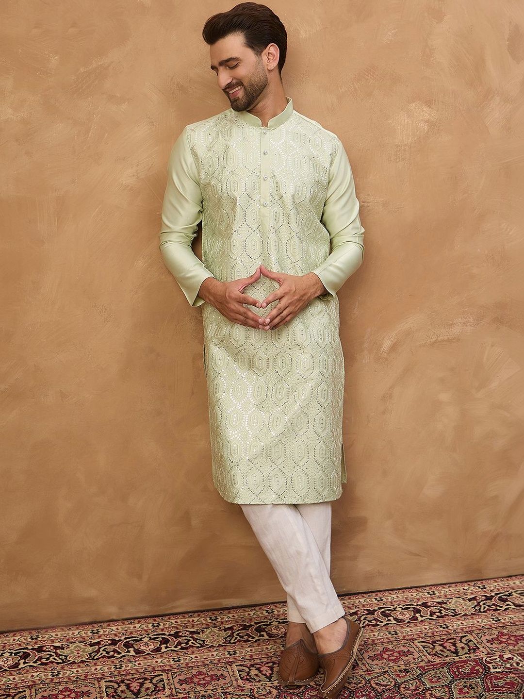 Men Peach Silk Blend Solid Embroidered Straight Kurta With Pant Set-MKSET1445