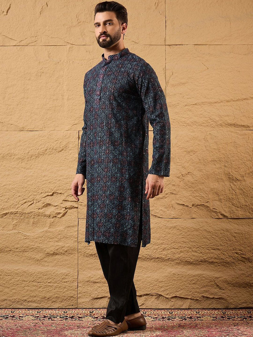 Mens Blue Viscose Rayon Abstract Embroidered Chikankari Straight Kurta With Pant Set-MKSET1172