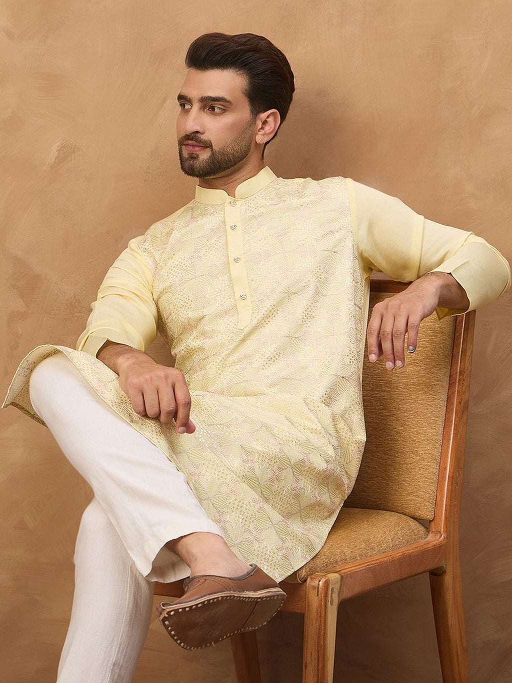 Men Yellow Silk Blend Solid Embroidered Straight Kurta With Pant Set-MKSET1467