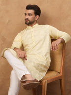 Men Yellow Silk Blend Solid Embroidered Straight Kurta With Pant Set-MKSET1467