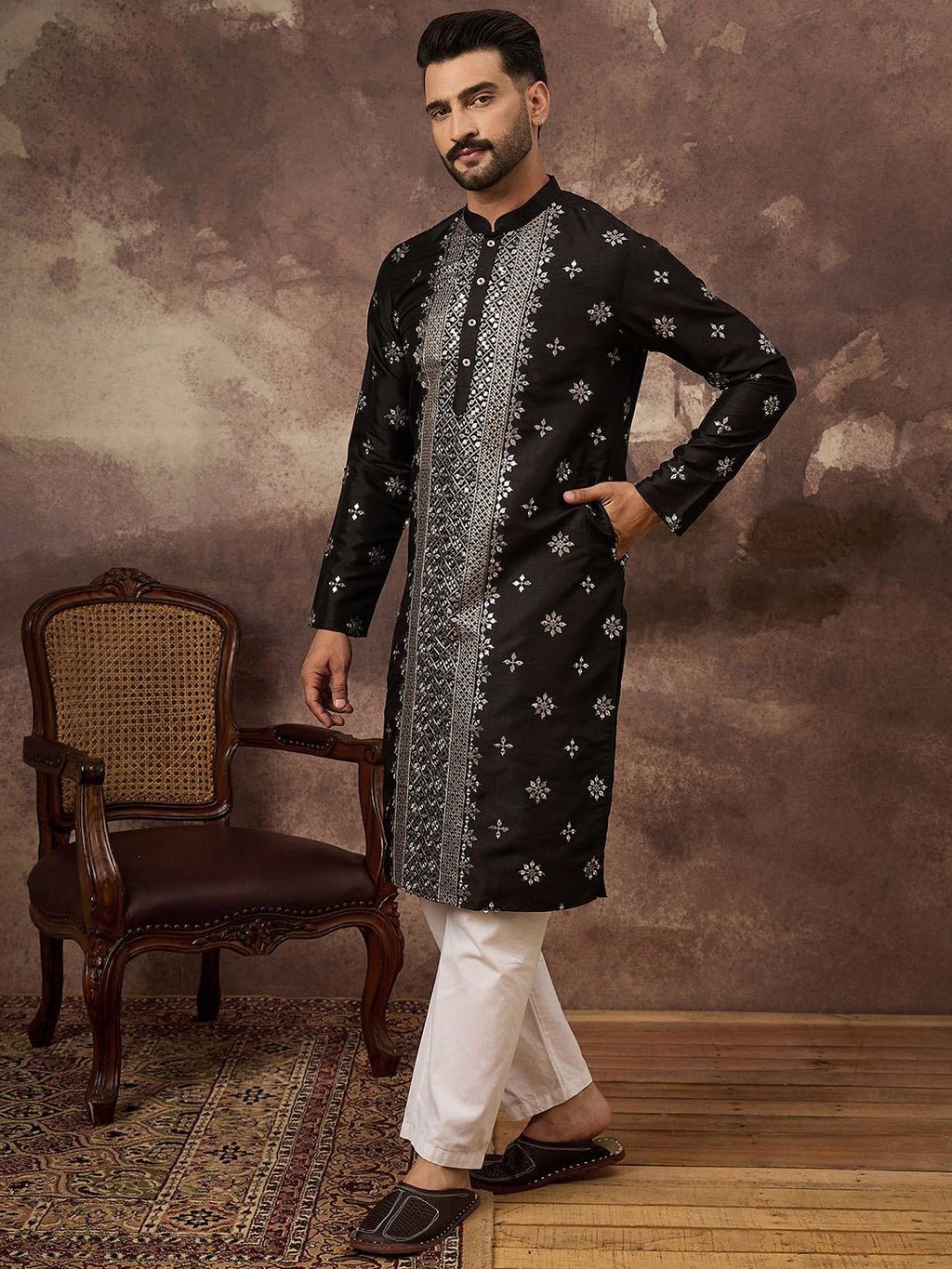 Men Black Silk Blend Solid Embroidered Straight Kurta With Pant Set-MKSET1370