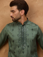 Men Green Silk Blend Geometric Embroidered Straight Kurta With Pant Set-MKSET1517