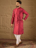 Men Maroon Silk Ikat Printed Straight Kurta With Pant Set-MKSET1281