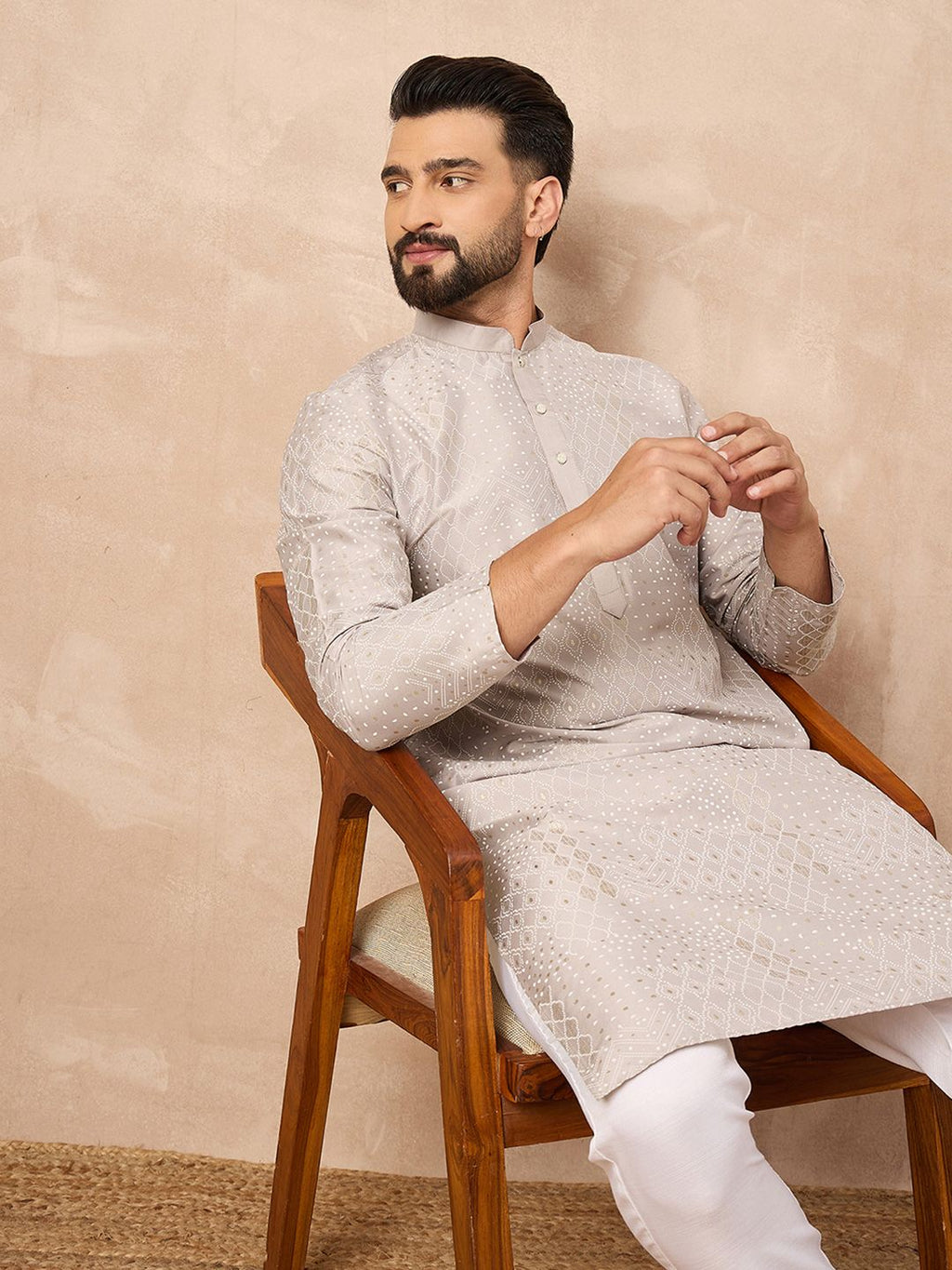 Men Grey Silk Geometric Printed Straight Kurta With Pant Set-MKSET1272