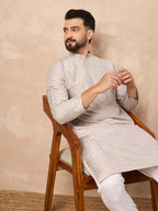 Men Grey Silk Geometric Printed Straight Kurta With Pant Set-MKSET1272