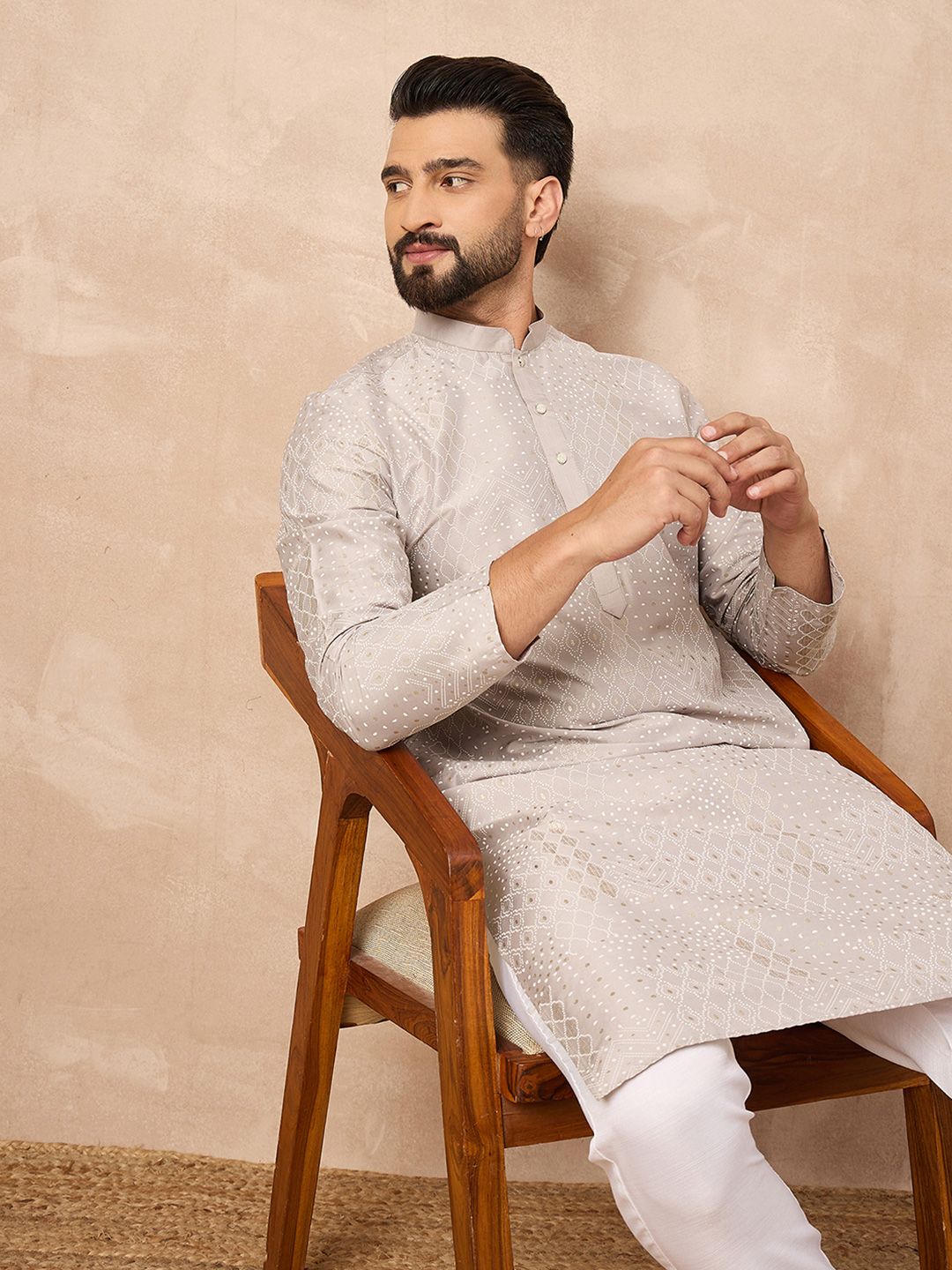 Men Grey Silk Geometric Printed Straight Kurta With Pant Set-MKSET1272
