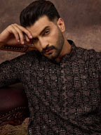 Men Black Viscose Rayon Ethnic Motifs Embroidered Straight Kurta With Pant Set-MKSET1405